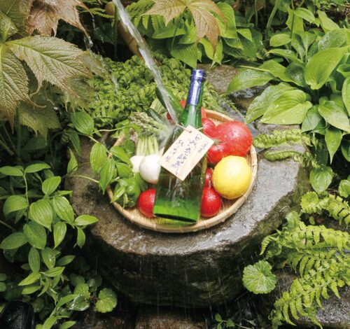 夏野菜とお酒を湧き水で冷やしている様子