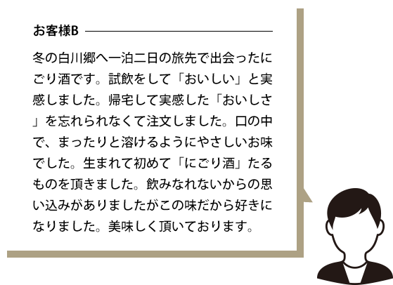 お客様B：冬の白川郷へ一泊二日の旅先で出会ったにごり酒です。試飲をして「おいしい」と実感しました。帰宅して実感した「おいしさ」を忘れられなくて注文しました。口の中で、まったりと溶けるようにやさしいお味でした。生まれて初めて「にごり酒」たるものを頂きました。飲みなれないからの思い込みがありましたがこの味だから好きになりました。美味しく頂いております。
